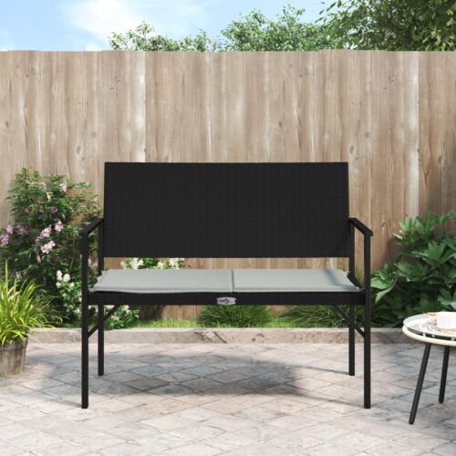 2-Seater Garden Bench with Cushion Black Poly Rattan - Image 2