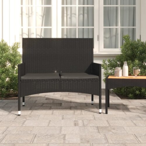 2-Seater Garden Bench with Cushions Black Poly Rattan - Image 2