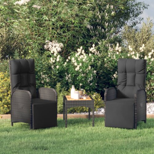 Garden Reclining Chairs 2pcs with Table Black Poly Rattan - Image 2
