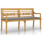 Batavia Bench with Grey Cushion 150cm Solid Wood Teak