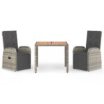 3-Piece Garden Dining Set with Cushions Grey Poly Rattan Wicker Outdoor Patio Furniture