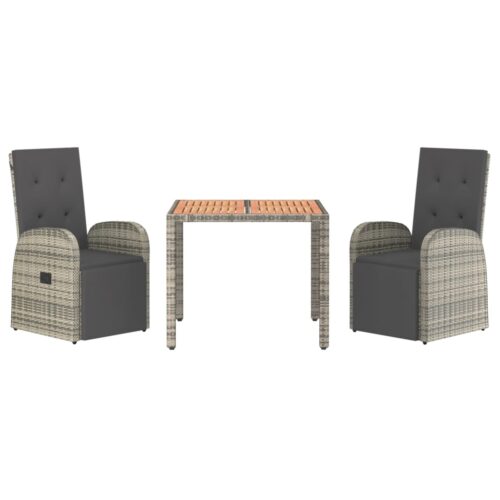 3-Piece Garden Dining Set with Cushions Grey Poly Rattan Wicker Outdoor Patio Furniture - Image 3