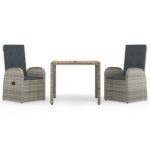 3-Piece Garden Dining Set with Cushions Grey Poly Rattan Wicker Outdoor Patio Furniture