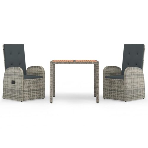 3-Piece Garden Dining Set with Cushions Grey Poly Rattan Wicker Outdoor Patio Furniture