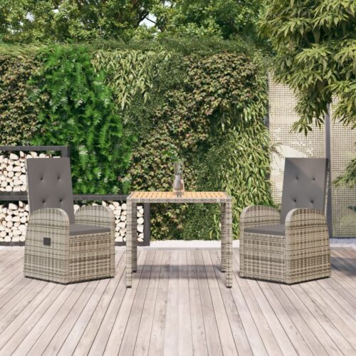 3-Piece Garden Dining Set with Cushions Grey Poly Rattan Wicker Outdoor Patio Furniture - Image 2