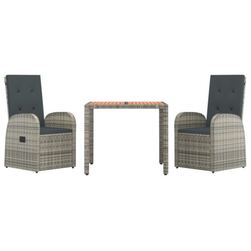 3-Piece Garden Dining Set with Cushions Grey Poly Rattan Wicker Outdoor Patio Furniture - Image 3
