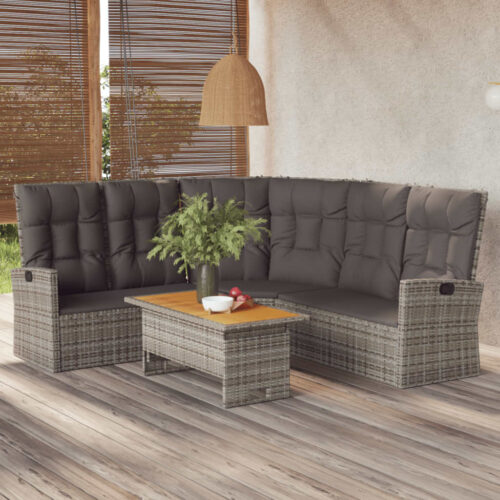 Reclining Corner Sofa with Cushions Grey Poly Rattan Wicker Outdoor Patio Furniture - Image 2