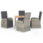 5-Piece Garden Dining Set with Cushions Grey Poly Rattan Wicker Outdoor Patio Furniture