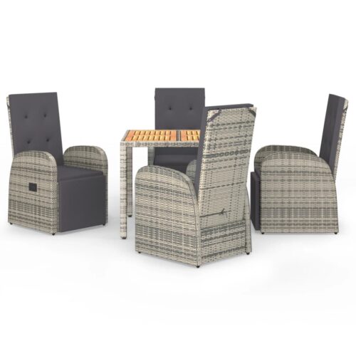 5-Piece Garden Dining Set with Cushions Grey Poly Rattan Wicker Outdoor Patio Furniture