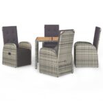 5-Piece Garden Dining Set with Cushions Grey Poly Rattan Wicker Outdoor Patio Furniture