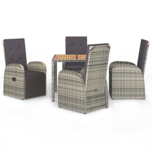 5-Piece Garden Dining Set with Cushions Grey Poly Rattan Wicker Outdoor Patio Furniture