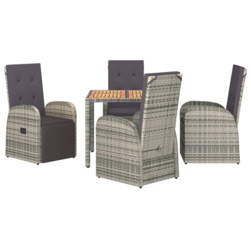 5-Piece Garden Dining Set with Cushions Grey Poly Rattan Wicker Outdoor Patio Furniture - Image 3