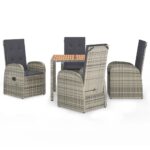 5-Piece Garden Dining Set with Cushions Grey Poly Rattan Wicker Outdoor Patio Furniture