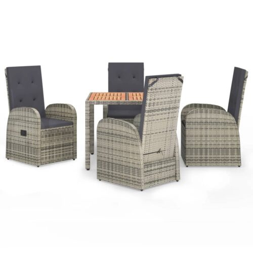 5-Piece Garden Dining Set with Cushions Grey Poly Rattan Wicker Outdoor Patio Furniture