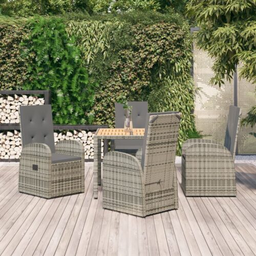 5-Piece Garden Dining Set with Cushions Grey Poly Rattan Wicker Outdoor Patio Furniture - Image 2
