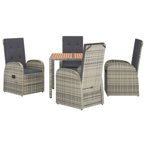 5-Piece Garden Dining Set with Cushions Grey Poly Rattan Wicker Outdoor Patio Furniture - Image 3