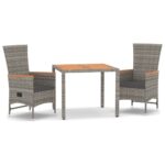 3-Piece Garden Dining Set with Cushions Grey Poly Rattan Wicker Outdoor Patio Furniture