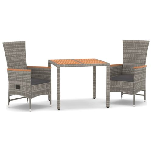 3-Piece Garden Dining Set with Cushions Grey Poly Rattan Wicker Outdoor Patio Furniture