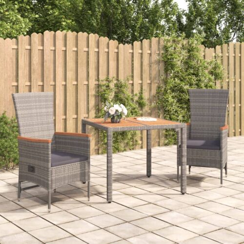 3-Piece Garden Dining Set with Cushions Grey Poly Rattan Wicker Outdoor Patio Furniture - Image 2