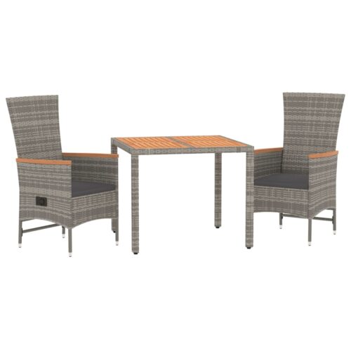 3-Piece Garden Dining Set with Cushions Grey Poly Rattan Wicker Outdoor Patio Furniture - Image 3