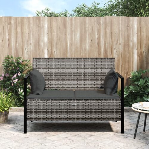 2-Seater Garden Bench with Cushions Grey Poly Rattan - Image 2