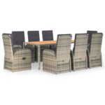 9-Piece Garden Dining Set with Cushions Grey Poly Rattan Wicker Outdoor Patio Furniture