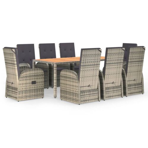 9-Piece Garden Dining Set with Cushions Grey Poly Rattan Wicker Outdoor Patio Furniture