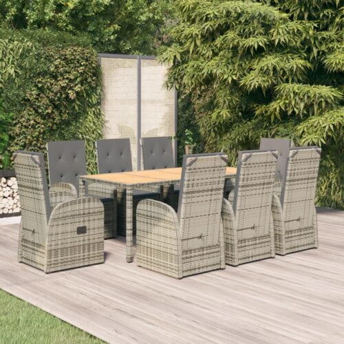 9-Piece Garden Dining Set with Cushions Grey Poly Rattan Wicker Outdoor Patio Furniture - Image 2