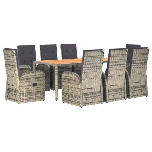 9-Piece Garden Dining Set with Cushions Grey Poly Rattan Wicker Outdoor Patio Furniture - Image 3