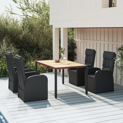 5-Piece Garden Dining Set with Cushions Black Poly Rattan Wicker Outdoor Patio Furniture - Image 2