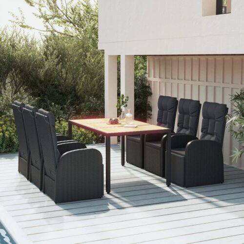 7-Piece Garden Dining Set with Cushions Black Poly Rattan Wicker Outdoor Patio Furniture - Image 2