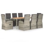 9-Piece Garden Dining Set with Cushions Grey Poly Rattan Wicker Outdoor Patio Furniture