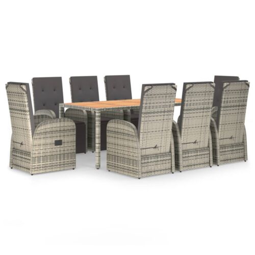 9-Piece Garden Dining Set with Cushions Grey Poly Rattan Wicker Outdoor Patio Furniture