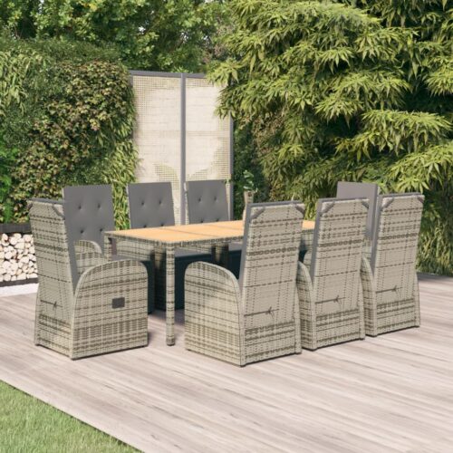 9-Piece Garden Dining Set with Cushions Grey Poly Rattan Wicker Outdoor Patio Furniture - Image 2