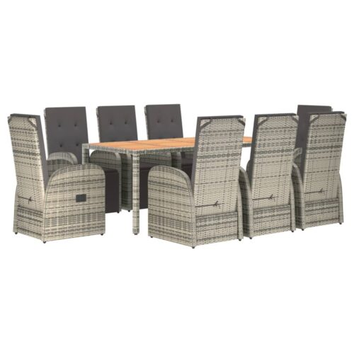 9-Piece Garden Dining Set with Cushions Grey Poly Rattan Wicker Outdoor Patio Furniture - Image 3