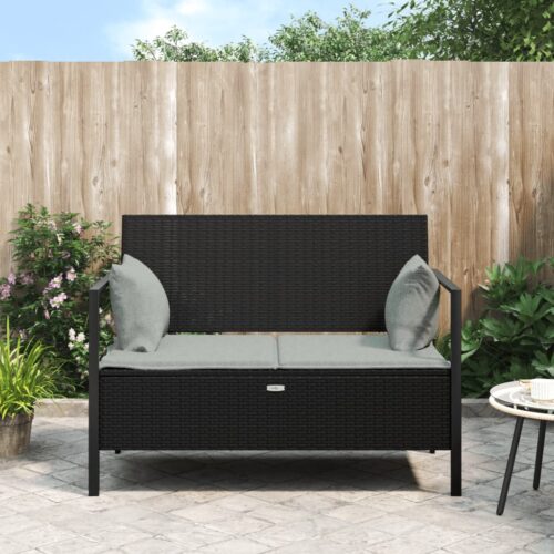 2-Seater Garden Bench with Cushions Black Poly Rattan - Image 2