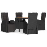 5-Piece Garden Dining Set with Cushions Black Poly Rattan Wicker Outdoor Patio Furniture