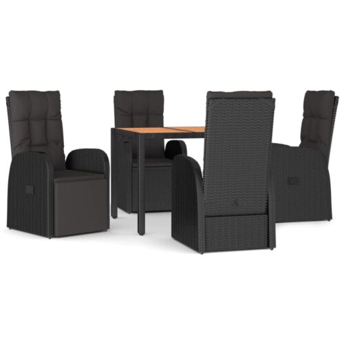 5-Piece Garden Dining Set with Cushions Black Poly Rattan Wicker Outdoor Patio Furniture