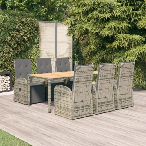7-Piece Garden Dining Set with Cushions Grey Poly Rattan Wicker Outdoor Patio Furniture - Image 2