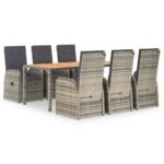 7-Piece Garden Dining Set with Cushions Grey Poly Rattan Wicker Outdoor Patio Furniture