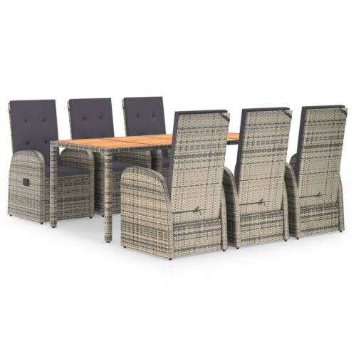 7-Piece Garden Dining Set with Cushions Grey Poly Rattan Wicker Outdoor Patio Furniture
