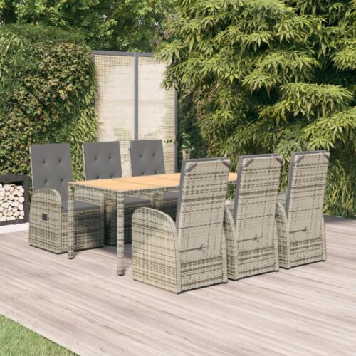 7-Piece Garden Dining Set with Cushions Grey Poly Rattan Wicker Outdoor Patio Furniture - Image 2