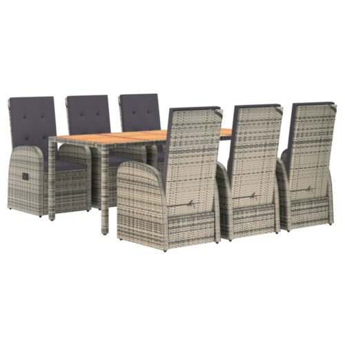 7-Piece Garden Dining Set with Cushions Grey Poly Rattan Wicker Outdoor Patio Furniture - Image 3