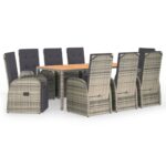 9-Piece Garden Dining Set with Cushions Grey Poly Rattan Wicker Outdoor Patio Furniture