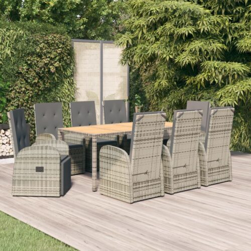 9-Piece Garden Dining Set with Cushions Grey Poly Rattan Wicker Outdoor Patio Furniture - Image 2