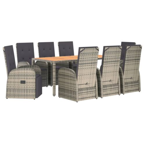 9-Piece Garden Dining Set with Cushions Grey Poly Rattan Wicker Outdoor Patio Furniture - Image 3