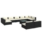 10-Piece Garden Lounge Set with Cushions Black Poly Rattan Wicker Outdoor Patio Furniture