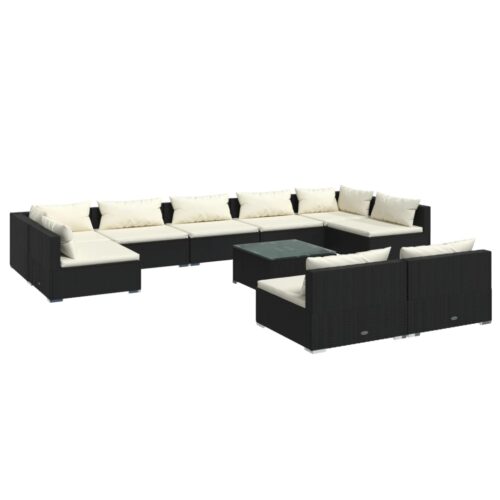 10-Piece Garden Lounge Set with Cushions Black Poly Rattan Wicker Outdoor Patio Furniture