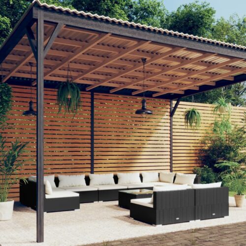 10-Piece Garden Lounge Set with Cushions Black Poly Rattan Wicker Outdoor Patio Furniture - Image 2