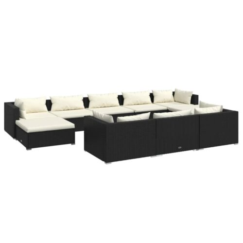 10-Piece Garden Lounge Set with Cushions Black Poly Rattan Wicker Outdoor Patio Furniture